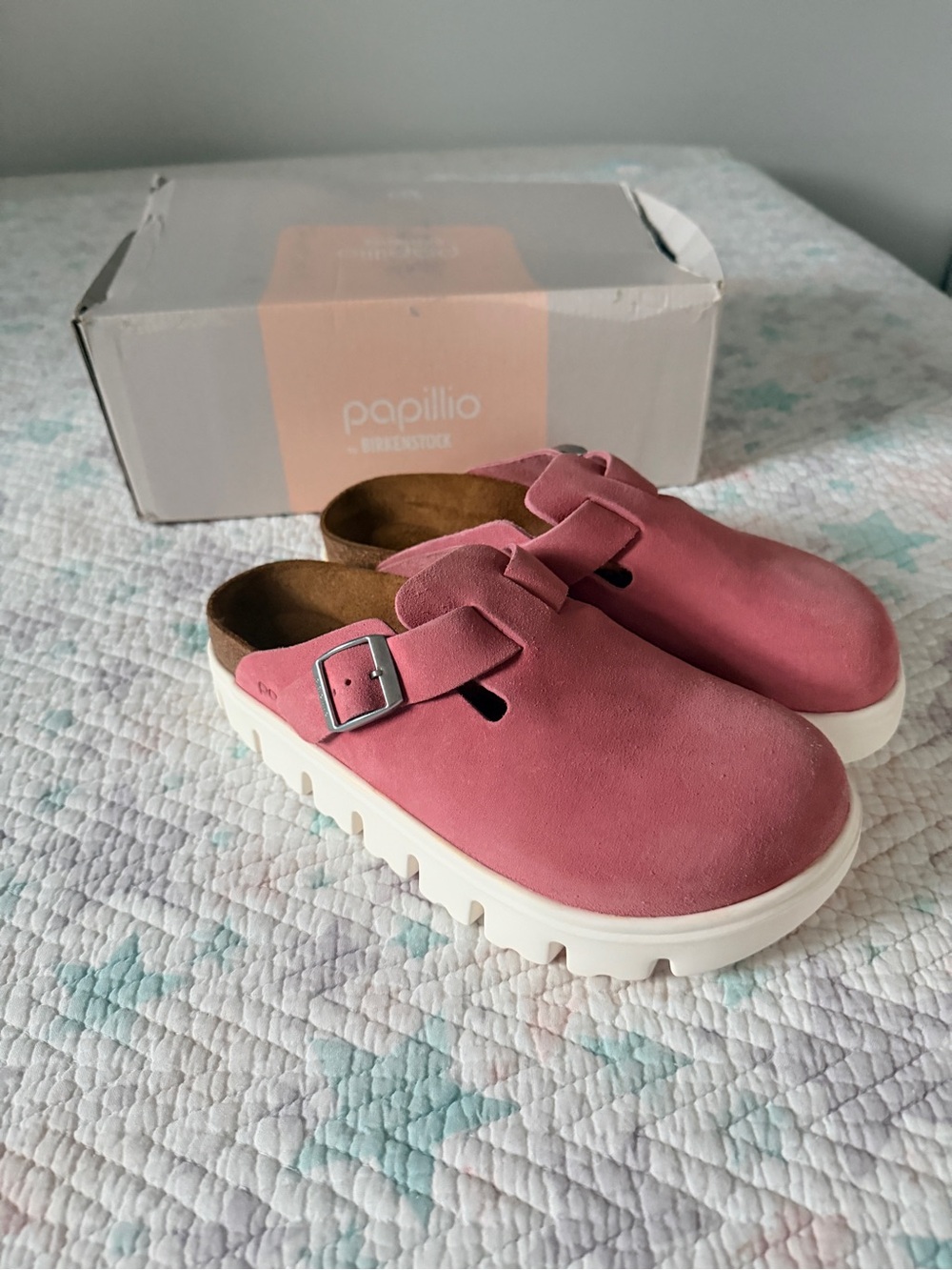 Papillio Women’s Rose Pink Suede Platform Clogs with Buckle